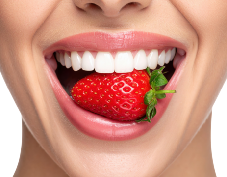 A close-up of a smiling mouth with bright white teeth biting into a fresh, ripe red strawberry.