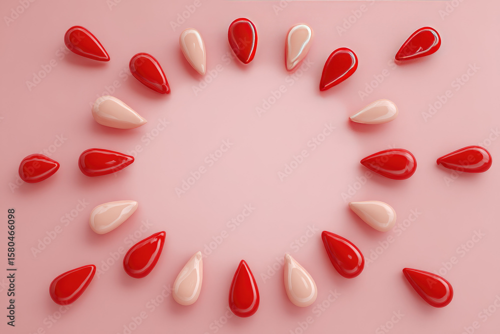 Poster red and pink glossy drops arranged in circular pattern on pastel pink background, creating clean emp