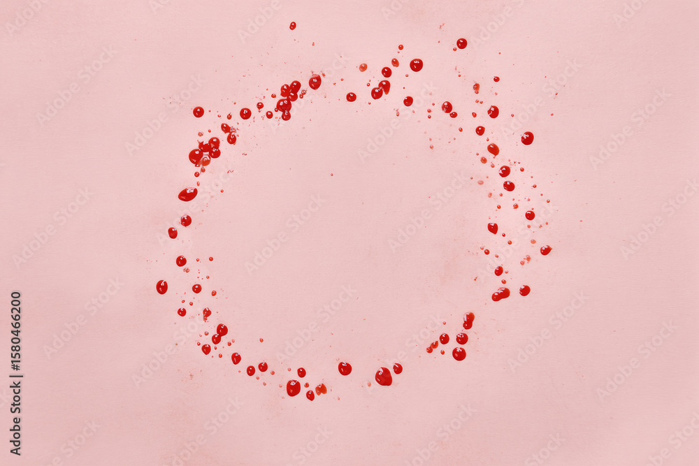 Poster red ketchup drops form circular pattern on clean empty pink background, creating playful and creativ