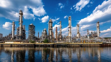 Fototapeta premium Massive oil refinery complex with towers, valves, and storage tanks