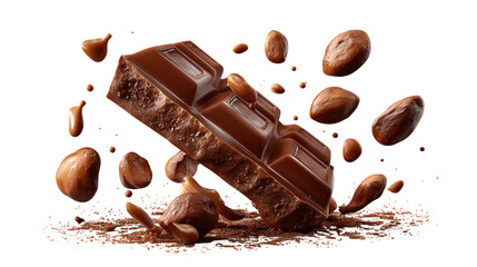 Delicious chocolate bar with nuts and liquid chocolate splashes isolated on transparent background