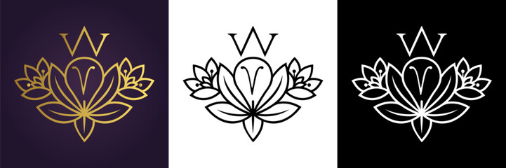 Luxury floral letter V logo design in gold black and white versions  
