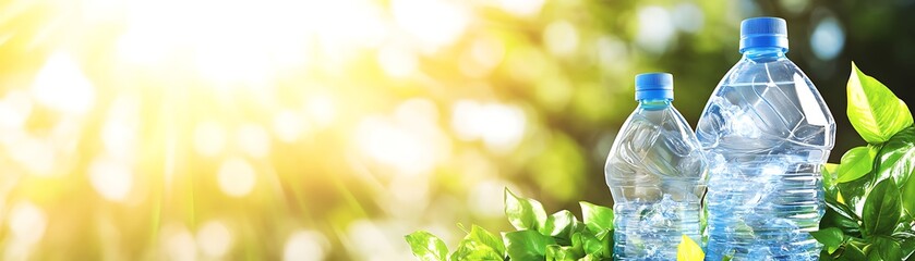 Refreshing water bottles resting near lush greenery in bright sunlight