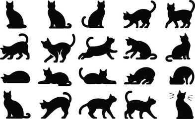 Cat silhouette vector set with playful, stretching, and sleeping cats for animal, pet, and cartoon illustrations