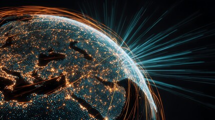 Earth with Connection Lines and Blue Light Rays