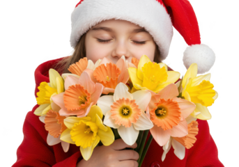 A young girl wearing a santa hat closes her eyes in delight as she smells a vibrant bouquet of yellow, orange, and white daffodils, isolated on a transparent background, capturing the joy of the holid