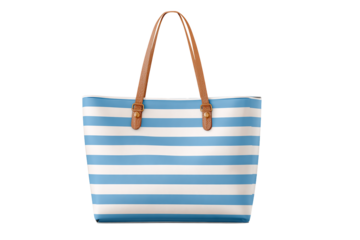 Striped Tote Bag with Blue White Stripes, Brown Handles, isolated on white transparent background