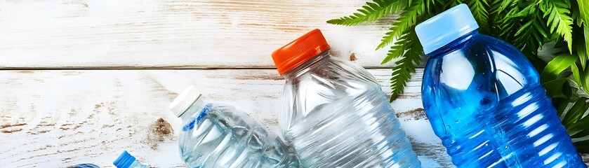 Various colorful liquid bottles arranged with some greenery on wood