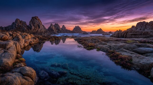 Rocky coastline with tide pools and glowing sunset reflections