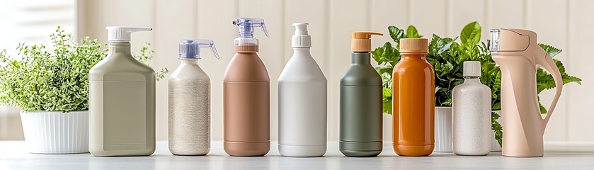 Various clean bottles with dispensers displayed next to vibrant green plants