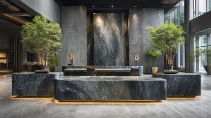 Wide, opulent counter with waterfall marble design and gold interior lining
