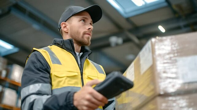 Warehouse worker scanning a shrink-wrapped pallet using a handheld barcode scanner, focusing on the texture of plastic wrapping and taped boxes