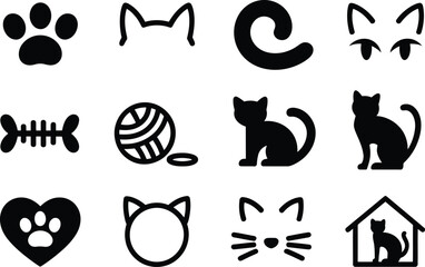 Cat icon silhouette vector set with paw, ear, tail, fishbone, yarn, heart, and house for pet and animal design