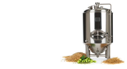 A shiny stainless steel brewing fermenter standing beside piles of fresh hops and barley grains, symbolizing craft beer production and brewing process.
