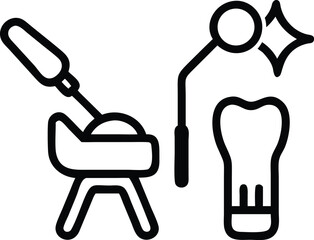 Set of medical icons featuring dentist tools and dentist with office chair and ergonomic furniture in vector illustration style