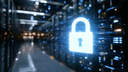 Wide shot of a sleek, high-tech server room with endless rows of black server racks, a glowing padlock icon hologram floating mid-air, representing encrypted digital protection - Powered by Adobe