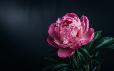Fototapeta premium Close up of a vibrant pink peony flower with water droplets against a dark background