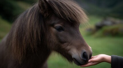 Obraz premium Shetland pony in a grassy field, kids gently petting it in a soft natural light.