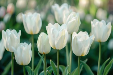 White tulips blossoming in spring sunlight, creating a serene and elegant botanical scene