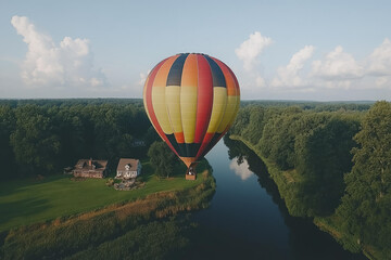 Obraz premium A colorful hot air balloon floats above a quiet river with lush forests and country houses during a peaceful morning