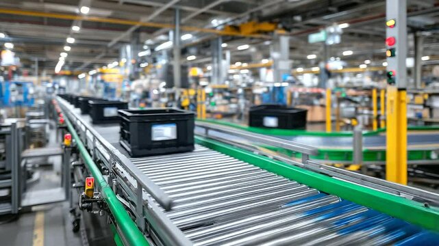 Wide-angle shot of a large manufacturing plant&rsquo;s conveyor system, dozens of black totes flowing seamlessly, with overhead cranes and robotic sorters coordinating fast-paced goods