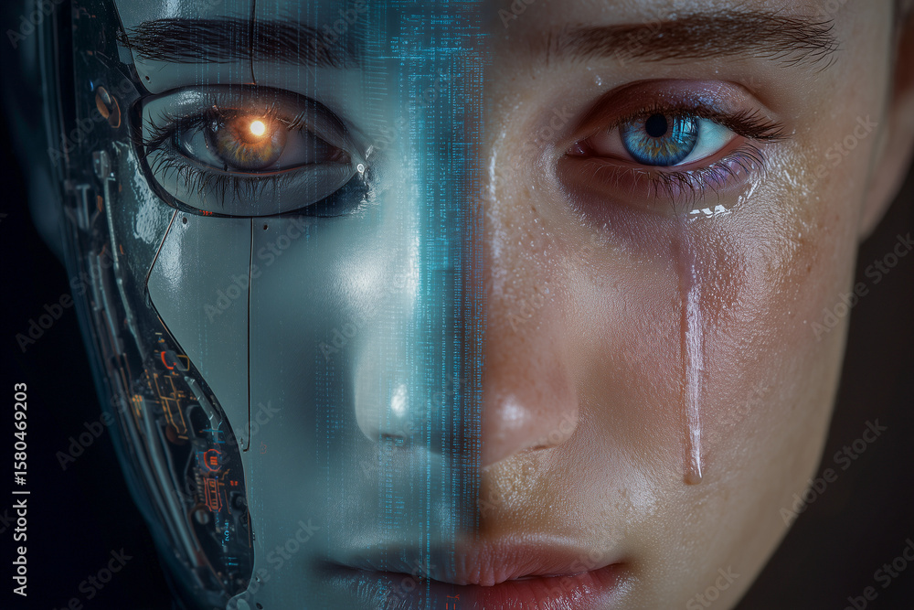 Poster split-face of robot and human with glowing eye and tear, representing artificial intelligence, emoti