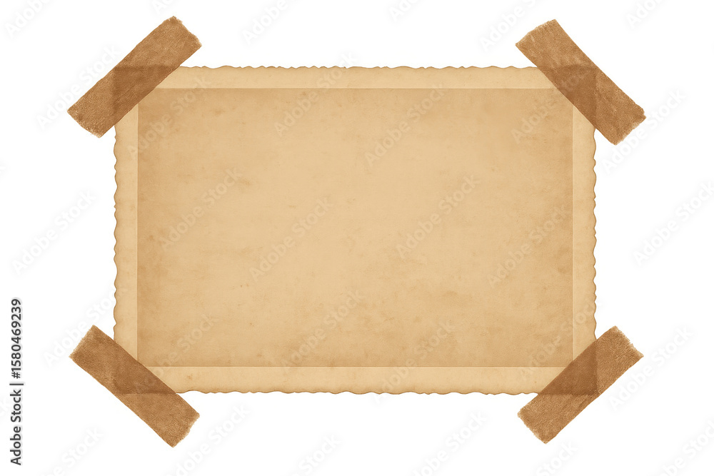 Poster empty old photo frame attached with four pieces of adhesive tape on a transparent background, ideal 
