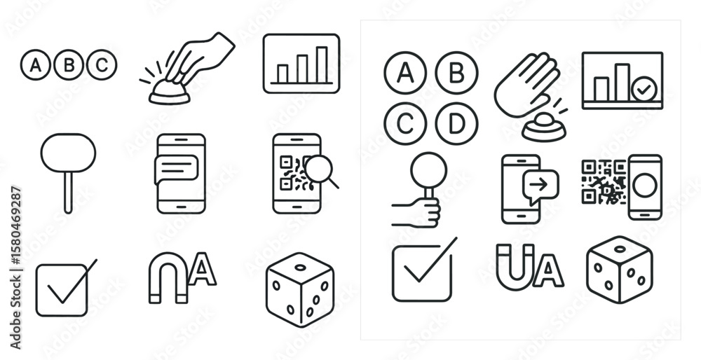 Fototapete Set of icons for a mobile app. The icons include a phone, a button, a check mark, a hand, a cell phone, a camera, a check mark, a check mark, a check mark, a check mark
