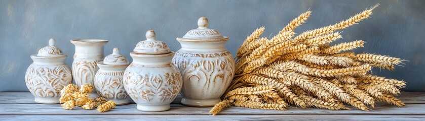A still life composition featuring earthenware jars and wheat bundles