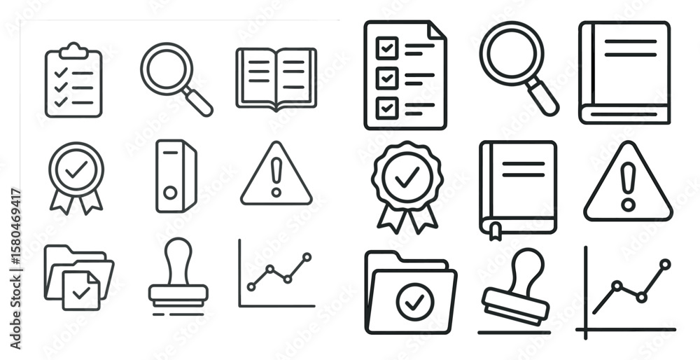 Poster set of icons for a computer program. the icons include a magnifying glass, a book, a check mark, a r