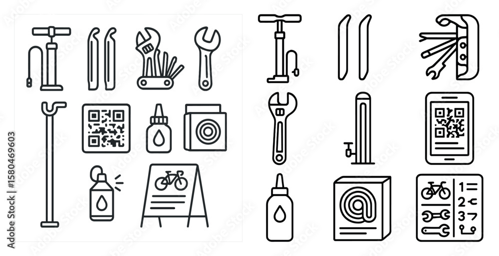 Poster set of tools and items for a bike repair. the image is of two sets of tools, one with a lot of items