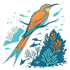 Artistic depiction of a bee eater bird in an underwater scene