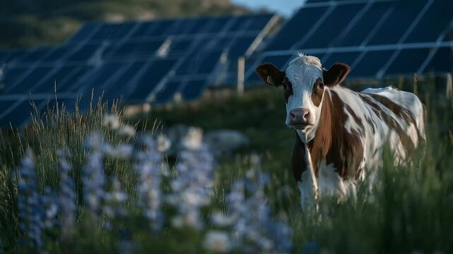 Wide-angle view of a cow grazing near a bank of solar panels installed across a gently rolling pasture, representing eco-friendly farming practices and renewable technology integra