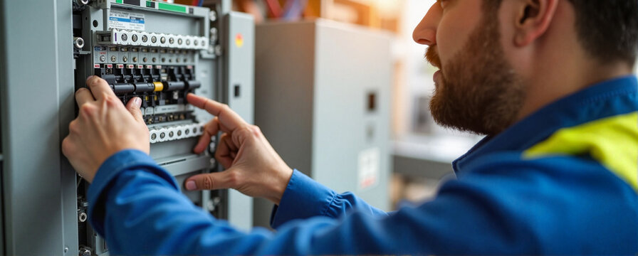 Electrical panel inspection shows technician checking wiring and circuit breakers on a regular basis. Electrical panel inspection includes careful examination of connections, breakers,