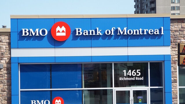 Ottawa, ON, Canada-July 9,2025: A close-up of the exterior of a &ldquo;BMO Bank of Montreal&rdquo; branch at 1465 Richmond Road.
