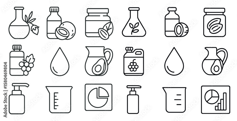 Poster set of icons for various kitchen items, including measuring cups, bottles, and jars. the icons are d