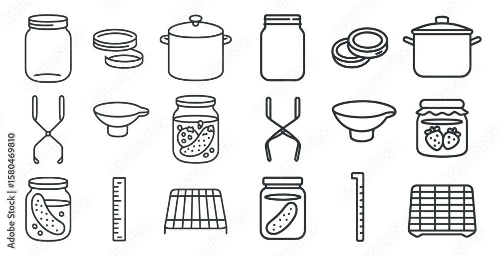 Poster set of kitchen utensils and jars. the jars are of different sizes and shapes. the utensils include a
