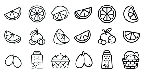Collection of fruit and vegetable icons in black and white. The icons include a lemon, an orange, a tomato, a cucumber, and a grater