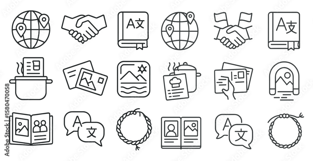 Poster line drawing of a book with a globe and a handshake. the book is titled 