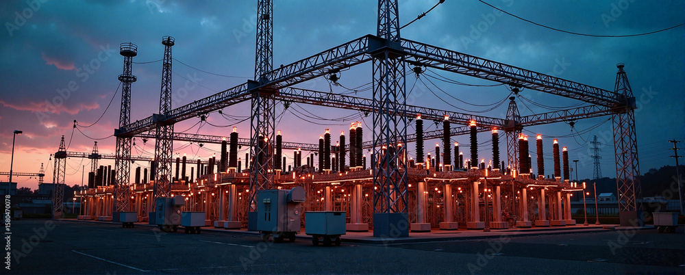 Poster electrical substation illuminating twilight sky, electrical substation components include transforme