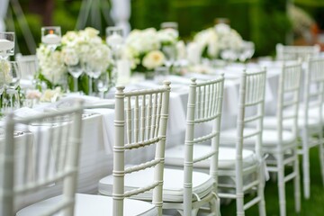 White chiavari chairs are lined up at a wedding reception table decorated with white floral centerpieces, candles, and elegant tableware