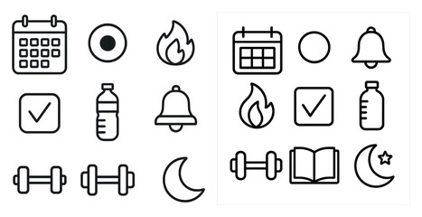 Naklejka premium Set of icons for a calendar app. The icons include a bell, a book, a water bottle, a gym, a clock, a star, a moon, and a fire. The icons are all in black and white