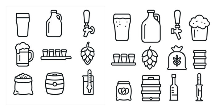 The image is of various beer and liquor items, including bottles, glasses, and a tap. Scene is casual and relaxed, as it is a collection of items commonly associated with social gatherings