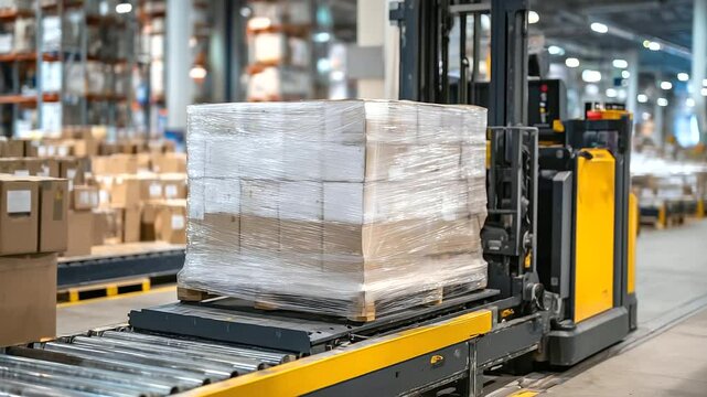 Wrapped pallet stacked high with cartons, positioned on a mechanized lift ready for automated placement into tall warehouse shelving