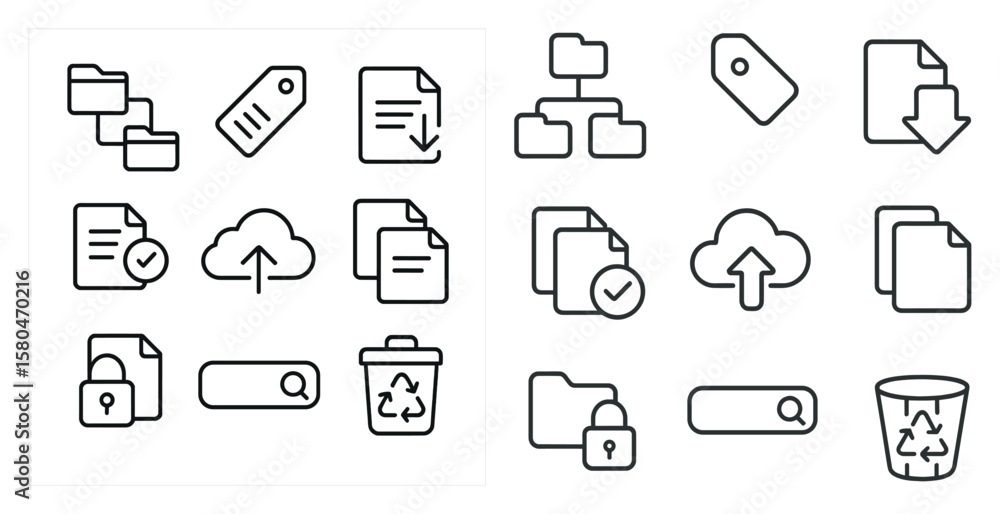 Poster set of icons for a computer program. the icons include a trash can, a recycle sign, a cloud, a folde