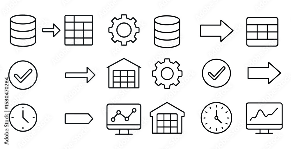Poster set of icons for a computer program. the icons include a clock, a house, a gear, a check mark, and a