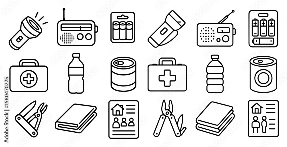 Poster collection of various items that are related to emergency situations. the items include a first aid 