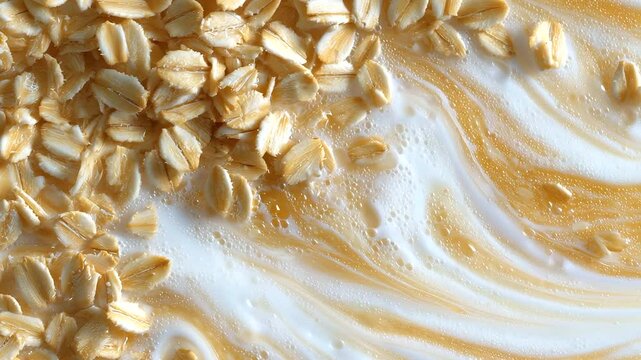 Zoomed-in capture of rich, white milk swirling into the textured surface of dry oats, creating creamy patterns and highlighting the breakfast&rsquo;s natural textures