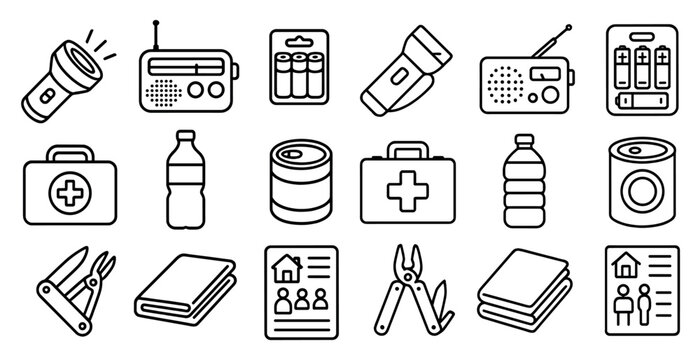 Collection of various items that are related to emergency situations. The items include a first aid kit, a flashlight, a radio, and a bottle of water. Scene is one of preparedness