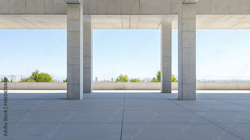 Poster minimalist design featuring concrete pillars and spacious area with clear view of landscape. scene e
